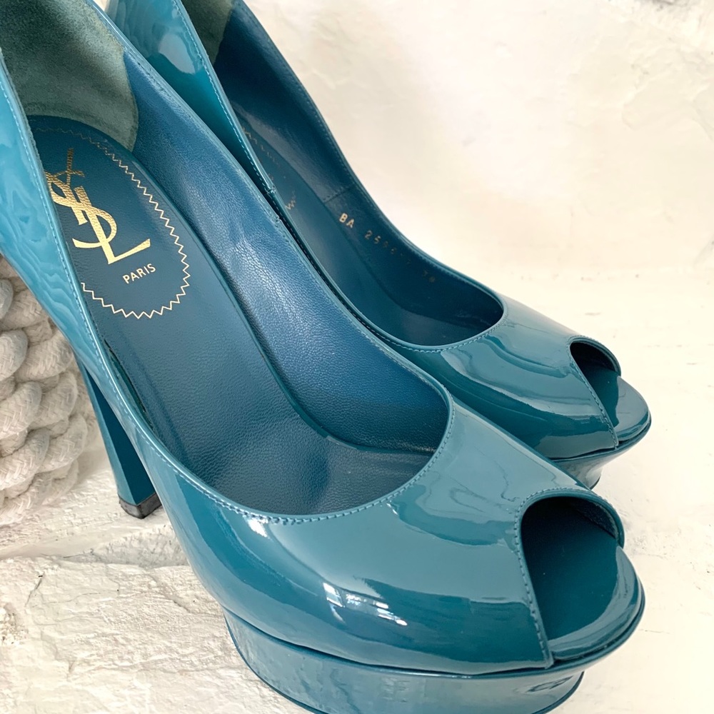 Yves Saint Laurent peep-toe teal pumps